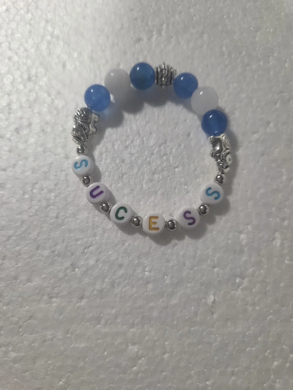 Handcrafted Beaded 'SUCCESS' Bracelet with Blue and White Gem Beads - Picture 2 of 10